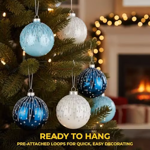 Shatchi 12-Piece Set of Blue and White Glass Christmas Baubles, 8 cm Round Hanging Ornaments – 3