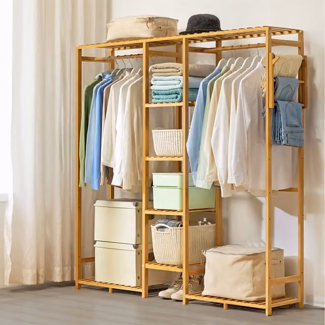 Komore Modern Brown Wooden Clothes Rail with Dual Hook and Rail Matrix