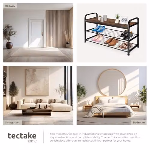 tectake 3-Tier Industrial Shoe Rack with Metal Frame and MDF Shelves, Black and Brown, W/D/H: 91 x 36 x 55 cm – 5