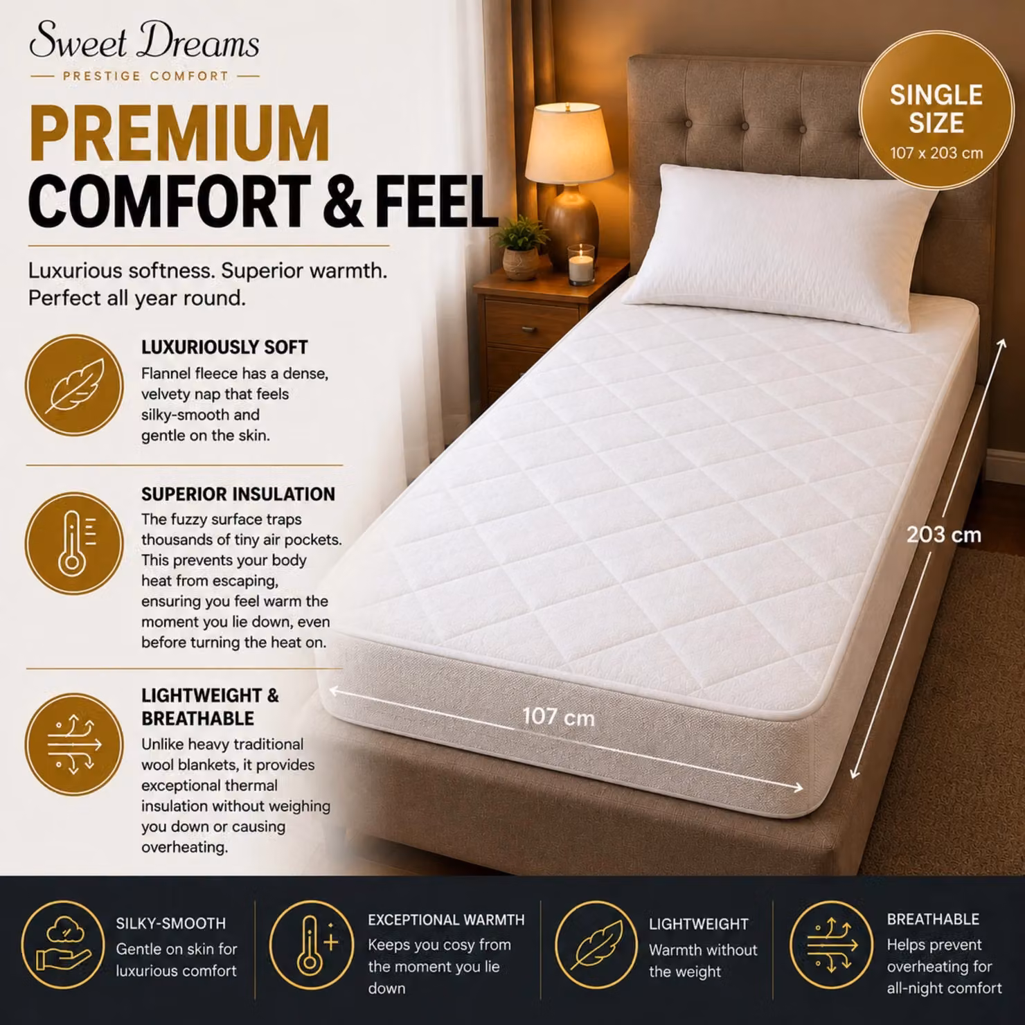 Sweet Dreams Single Quilted Electric Heated Mattress Cover in White – 2