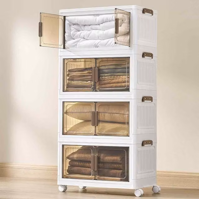 The Bazaarist 4 Tier Stackable White Plastic Storage Boxes with Castors