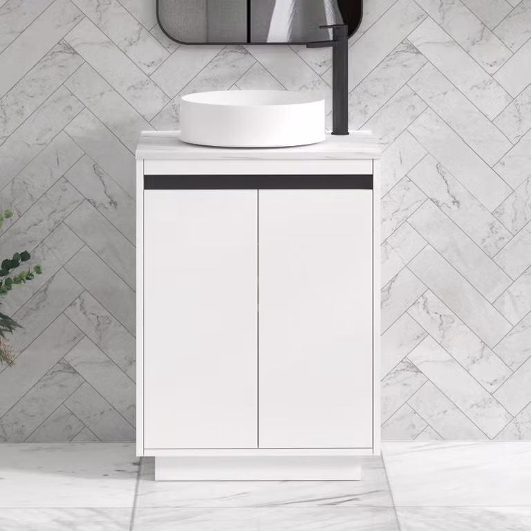 Royal Bathrooms Orion 600mm Matt White Floor Standing 2 Door Vanity Unit with Carrara White Undrilled Worktop and Black Accent Trim