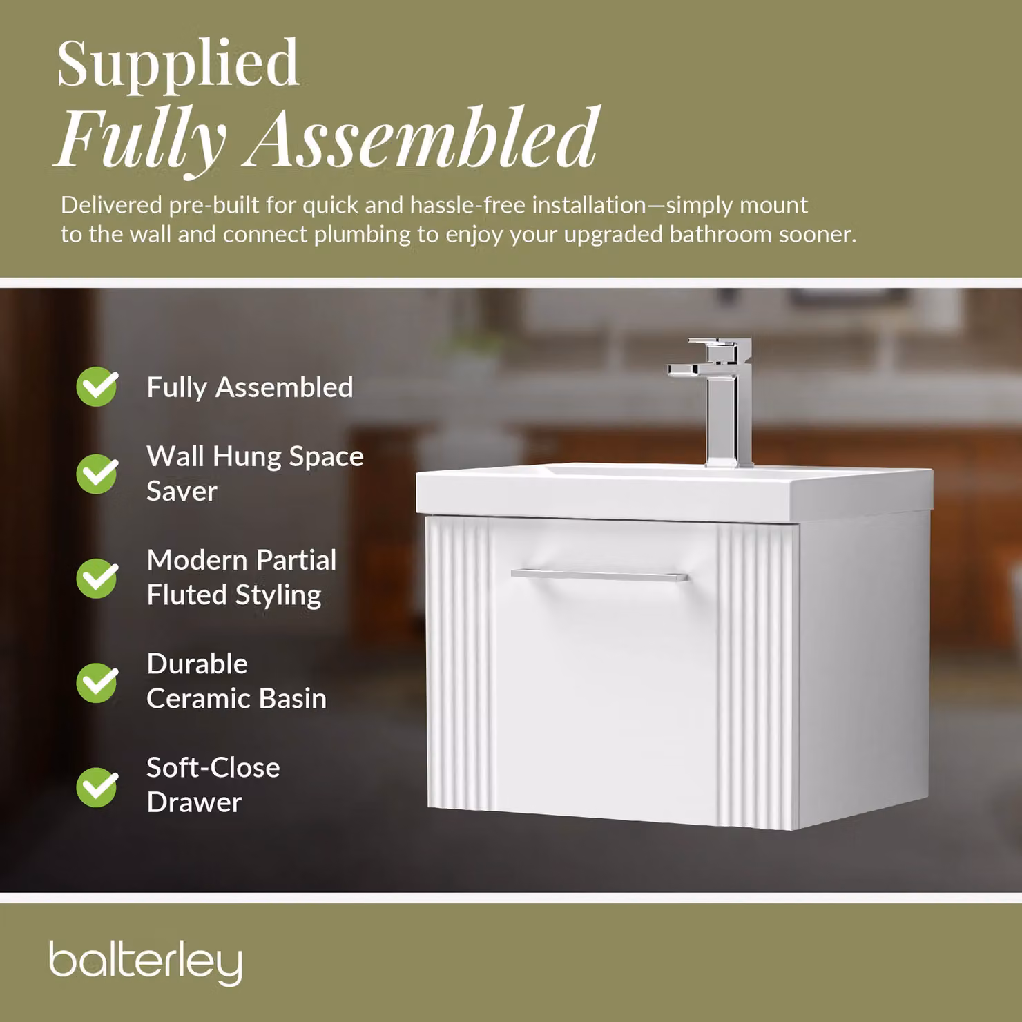 Balterley Wall Hung Single Drawer Vanity Unit with Mid Edge Basin in White, W/D/H: 50.0 x 39.0 x 39.9 cm – 3