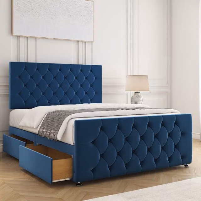 BSSPOKE Maya Plush Velvet Double Divan Bed with 24 inch Headboard, 2 Drawers on Same Side and Mattress in Blue, W/D/H: 140 x 200 cm
