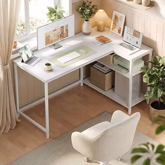 The Bazaarist L Shaped Corner Computer Desk with Storage Shelves in Maple White