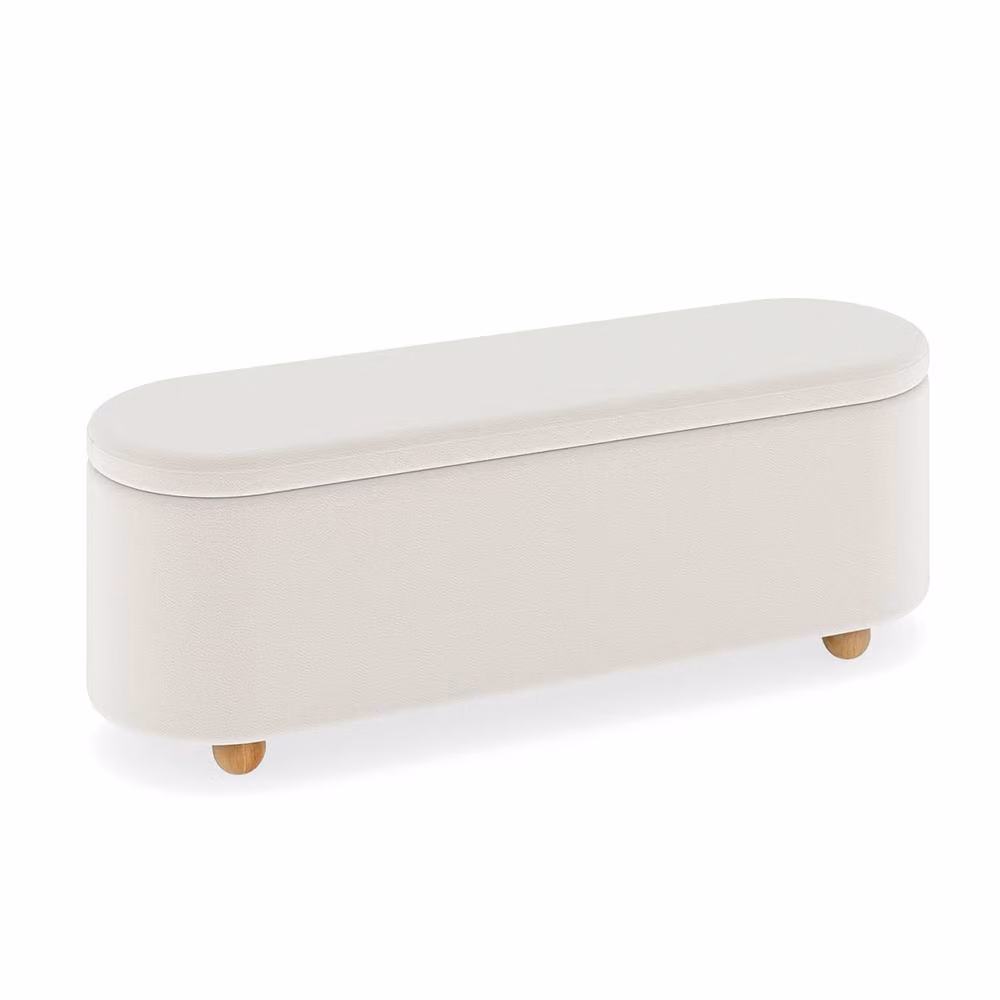 Gymax Oval Storage Bench Ottoman with Flip Top and Rubberwood Legs in White – 2