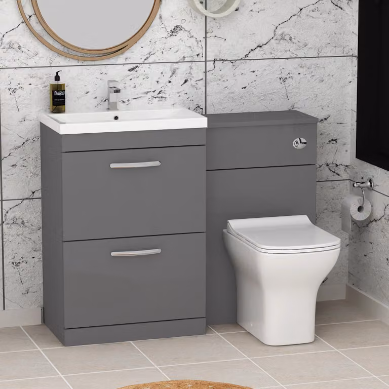 Royal Bathrooms Turin 1100mm Indigo Grey Gloss 2-Drawer Mid-Edge Basin and Qubix Back to Wall Toilet Pack