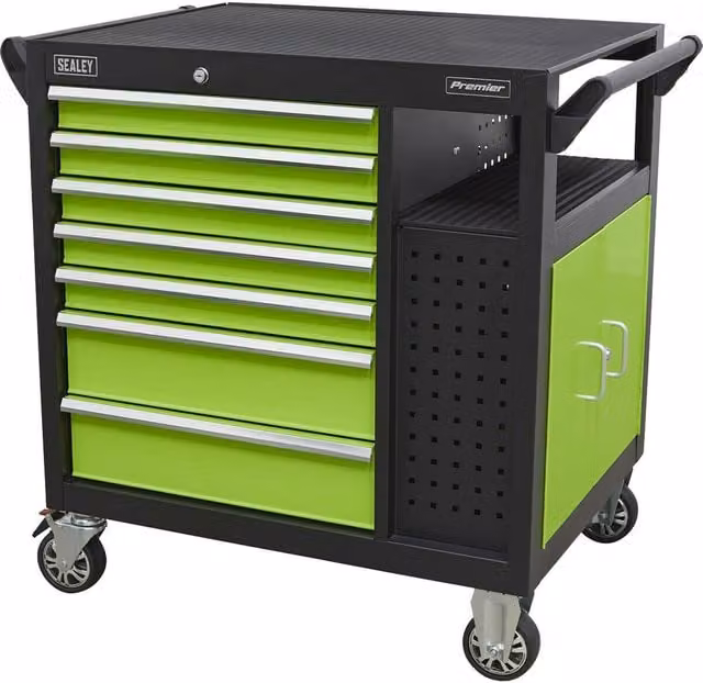 Loops Heavy Duty Mobile Workstation with 7 Drawers, Twin Door Cupboard and Open Shelves, Black and Multicolour, W/D/H: 73.0 x 102.5 x 109.0 cm