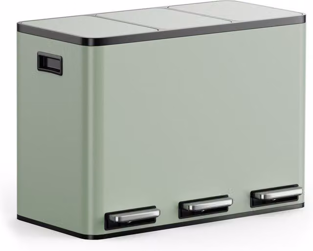 VonHaus 3 Compartment Stainless Steel Pedal Bin with Soft Close and Removable Inner Buckets, Green