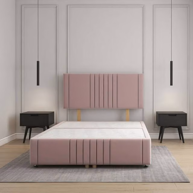 Regional Furnishings Pink Plush Velvet Upholstered Double Divan Bed with 24 inch Headboard, W/D/H: 140 x 200 cm
