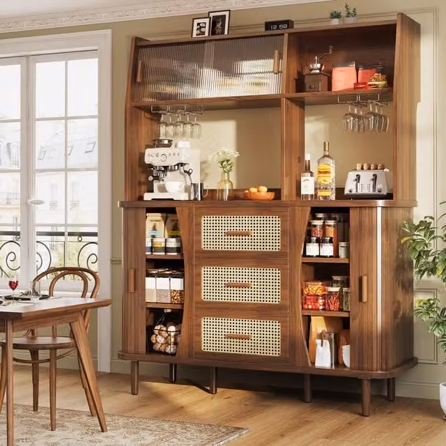 Aosom UK Rattan-Look Sideboard with Glass Sliding Doors and 3 Drawers, Walnut, W: 40.5 cm, H: 174.5 cm, D: 140 cm
