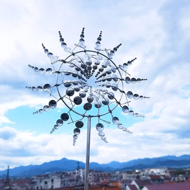 Livingandhome Abstract Windmill Shape Kinetic Garden Sculpture in Silver Metal