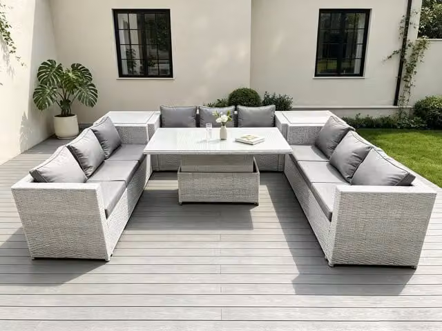 Fimous U Shape Rattan Garden Furniture Set in Light Grey with Adjustable Rising Lifting Table and 2 Side Coffee Tables