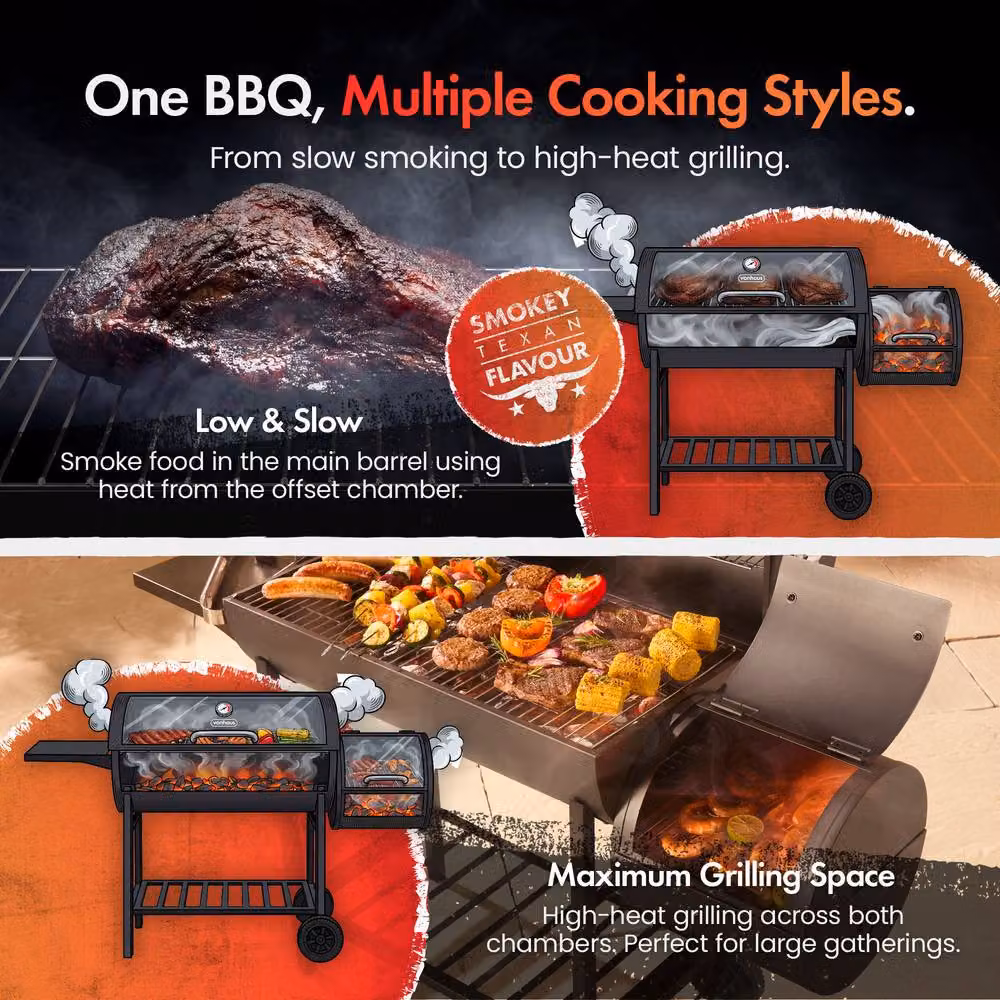 VonHaus Offset Charcoal Barrel BBQ Smoker in Black, W/D/H: 137 x 53 x 95 cm – 4