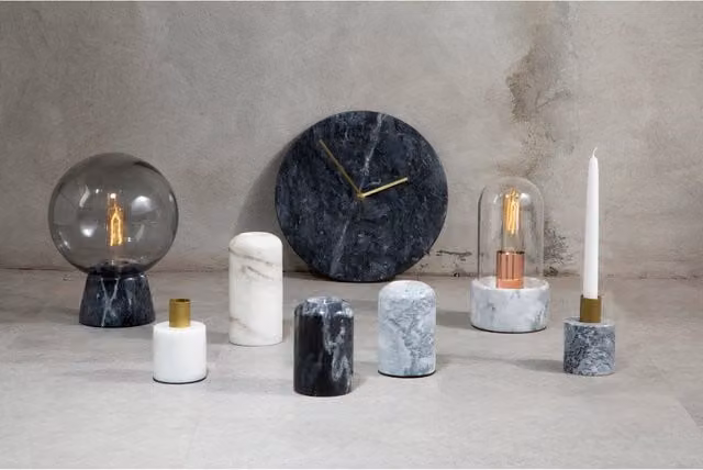 Premier Housewares Round Marble Wall Clock in Black, Gold and Grey, W/D/H: 30 x 30 x 3 cm