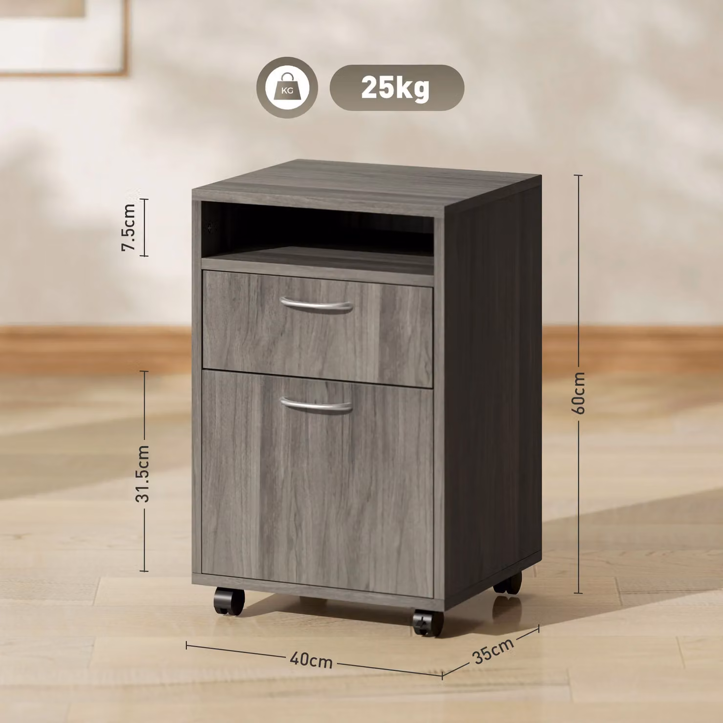 HOMCOM Grey Filing Cabinet with 2 Drawers and Castors, W/D/H: 60 x 35 x 60 cm – 3