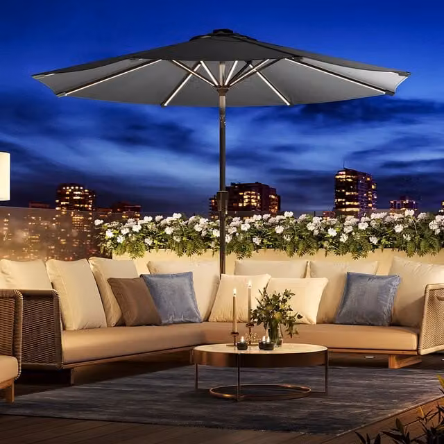 Livingandhome LED Strips Garden Parasol Outdoor Sunshade with Base in Dark Grey