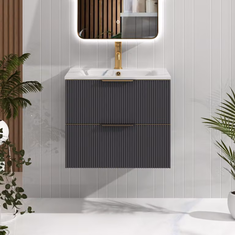 Royal Bathrooms Evora 600mm Graphite Grey Fluted Wall Hung 2 Drawer Vanity Unit with Carrara White Basin and Brushed Brass Handles