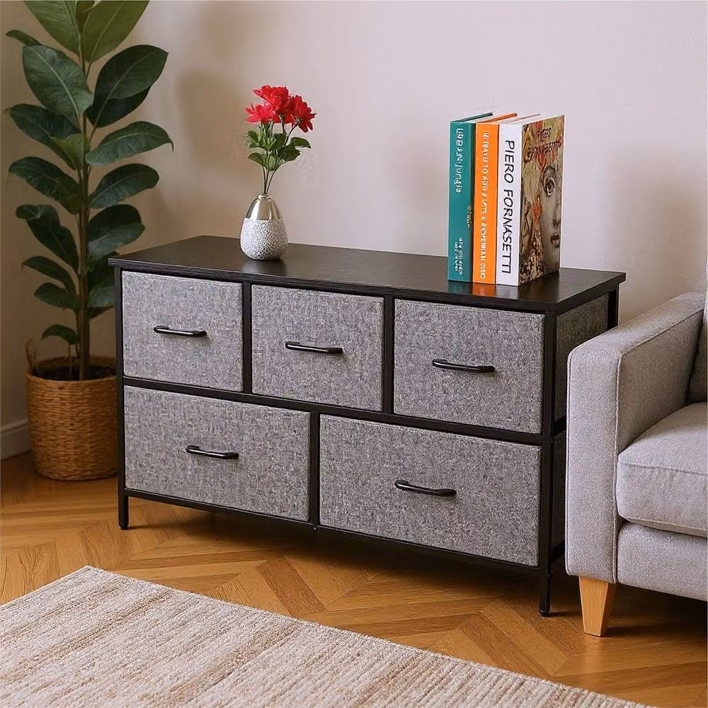 NESTLUNE Black 5 Drawer Fabric Storage Unit with Metal Frame and Wood Top – 3