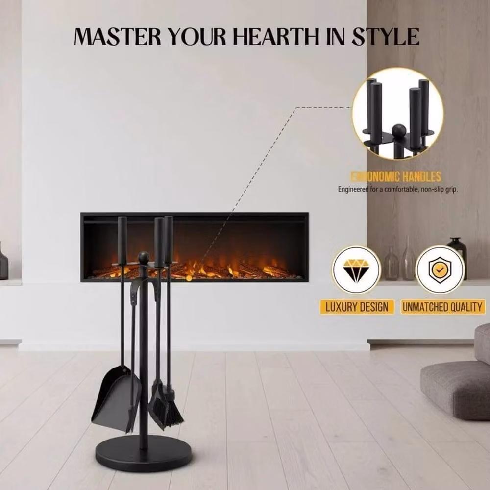 VOGREX 5-Piece Black Cast Iron Fireplace Tool Set with Stand – 2