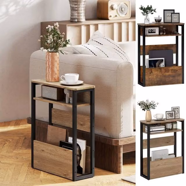 FORGEVIO Industrial Narrow Side Table with Storage Shelves in Black and Brown Wood – 1
