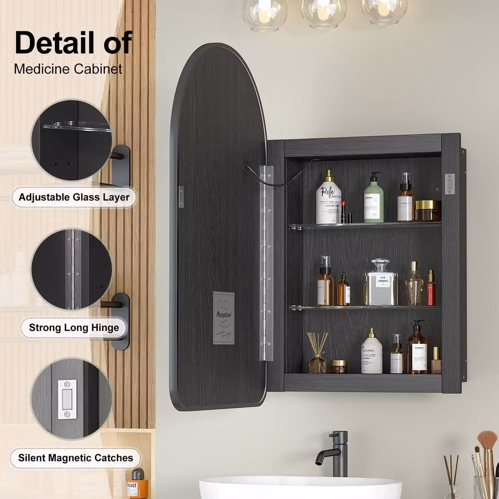 KEEPREAPER Modern Black Matt Bathroom Mirror Cabinet with LED Lighting, Sensor Switch and Glass Shelves – 4