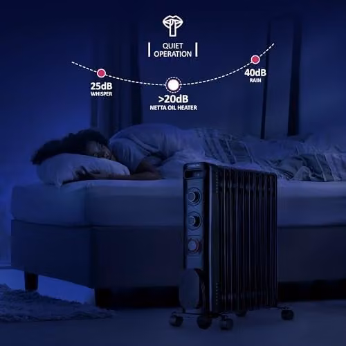 Netta 2500W Electric Oil Filled Radiator in Black with Thermostat, 24 Hour Timer and Overheat Protection – 6