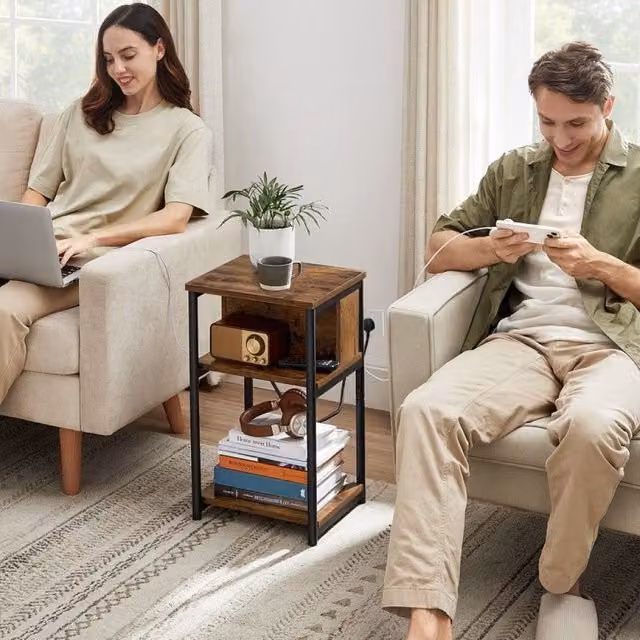 VASAGLE Slim Brown Side Table with 2 AC and USB Charging Outlets – 1