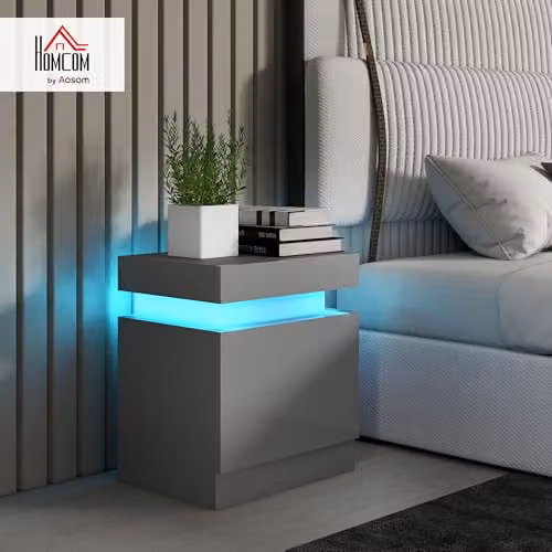 HOMCOM Modern High Gloss Bedside Table with Integrated LED Lighting, Grey, W/D/H: 35 x 45 x 52 cm – 2