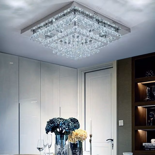 Livingandhome Double Layer Crystal Pendant Light in Silver, Diameter: 60 cm