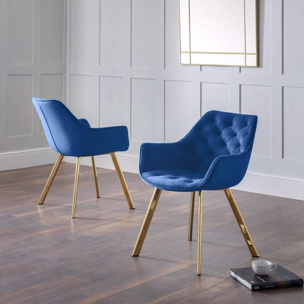 Cheshire Yorkshire Set of 2 Modern Blue Velvet Dining Chairs with Armrests – 4