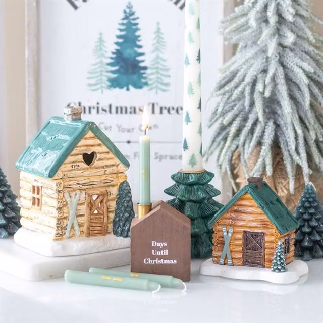 KDMK 24 Mini Taper Advent Candles with Wooden Holder in Brown and White