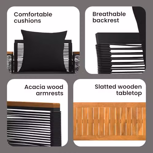 vidaXL 4-Piece Modern Outdoor Furniture Set in Black Rattan with Upholstered Cushions – 4
