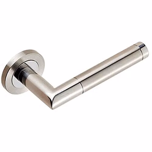 Loops Mitred Round Bar Lever Pair with Ringed Design in Polished Silver Stainless Steel and Concealed Fixings