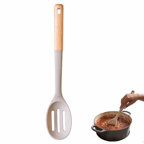 Premier Housewares Grey Silicone and Wood Slotted Skimmer Spoon, Heat-Resistant and Non-Scratch Kitchen Utensil – 1