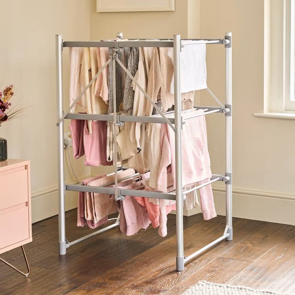 Cooks Professional 3-Tier Heated Clothes Airer with Digital Timer and Cover in Silver – 2