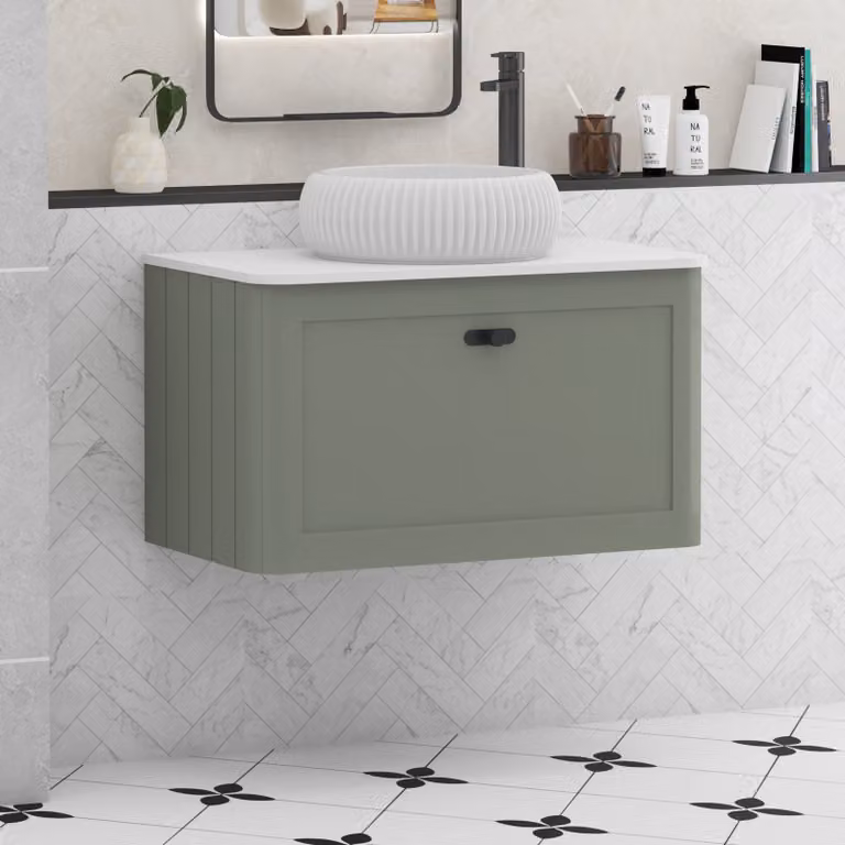 Royal Bathrooms Henley 800mm Sage Green Wall Hung Vanity Unit with Plain White Worktop, Milan Basin and Matt Black Knob