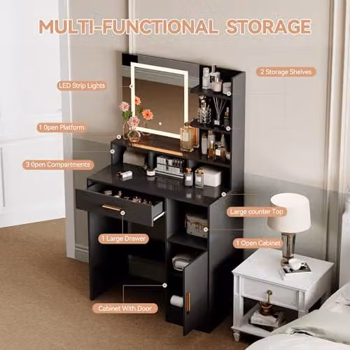 MCC Direct Truro Dressing Table with Hollywood LED Mirror and Storage, Black, W/D/H: 140 x 40 x 80 cm – 3