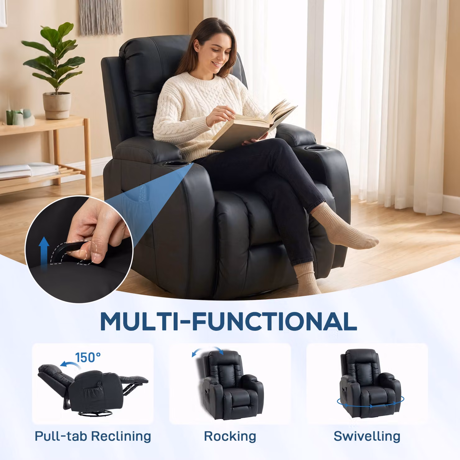 HOMCOM Black PU Leather Recliner Armchair with Extended Footrest, Cup Holders and Side Pockets – 5