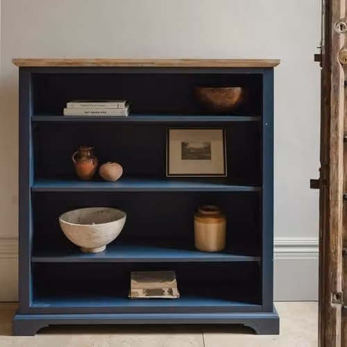 Statement Furniture Florence Bookcase in Navy Blue with Limed Acacia Top and Adjustable Shelves, W/D/H: 120 x 33 x 124 cm