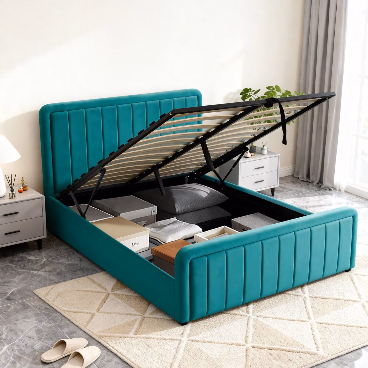 Comfy Living Modern Green Velvet Ottoman Bed Frame, W/D/H: 180 x 200 x 158 cm – 2