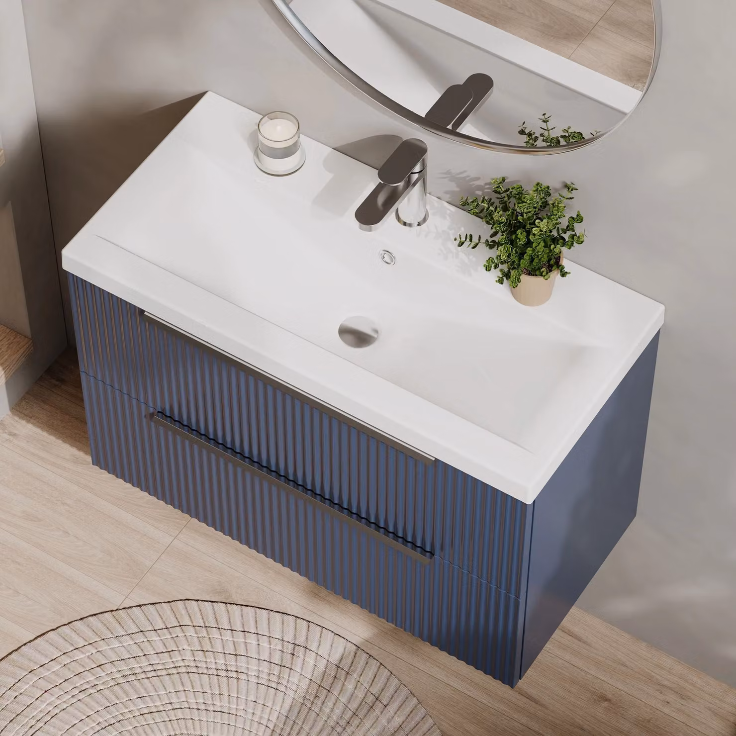 Balterley Fluted Wall Hung 2 Drawer Vanity Basin Unit and Basin, Satin Blue, Width: 80 cm – 3