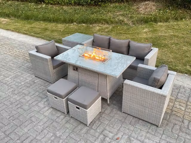 Fimous Rattan Garden Furniture Set with Gas Fire Pit, Lounge Sofa, 2 Armchairs, Dining Set and Side Table in Light Grey