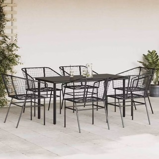 Berkfield Home Beautiful 7 Piece Black Poly Rattan Garden Dining Set with Glass Top – 1