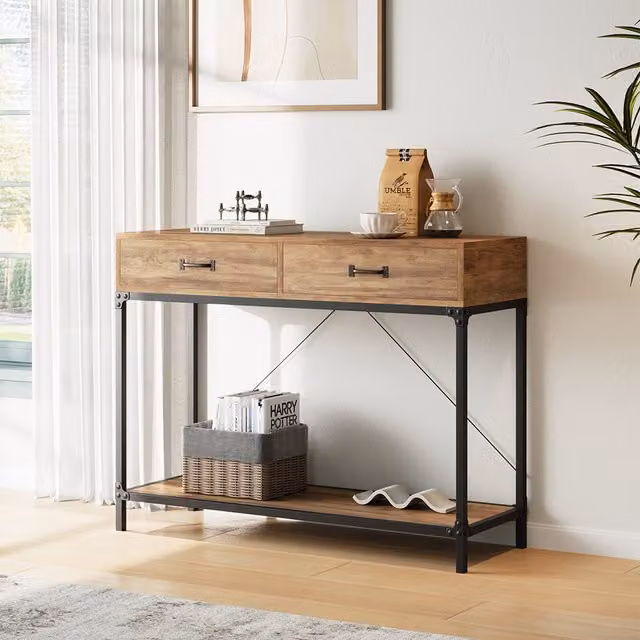 Livingandhome Industrial Wood and Metal Side Table with Drawers in Brown, Black and Bronze