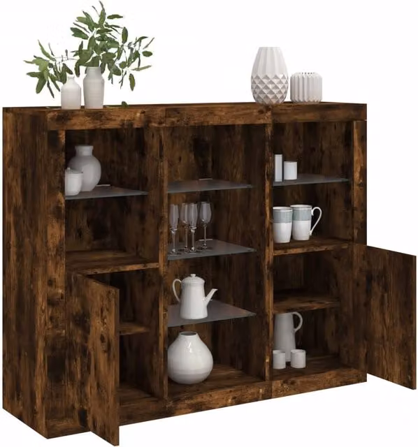 Berkfield Home 3-Piece Smoked Oak Sideboard Set with Integrated LED Lighting in Brown