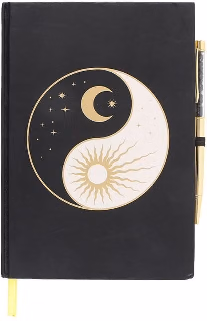 Kingsbury Gifts Yin Yang Hardcover Lined Notebook Journal with Obsidian Pen in Black and Gold