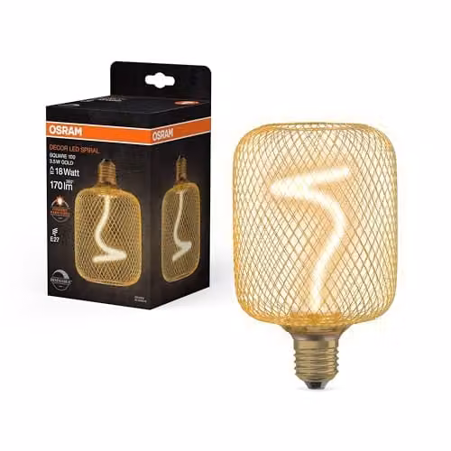 Osram Decor Square LED Spiral Filament Bulb, Gold and Black, 3.5W, Warm White, 170lm, E27, Dimmable, 100mm Diameter – 1