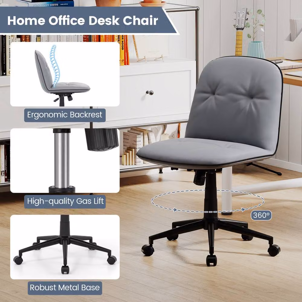 Gymax Grey PU Leather Swivel Task Computer Chair for Home Office – 4