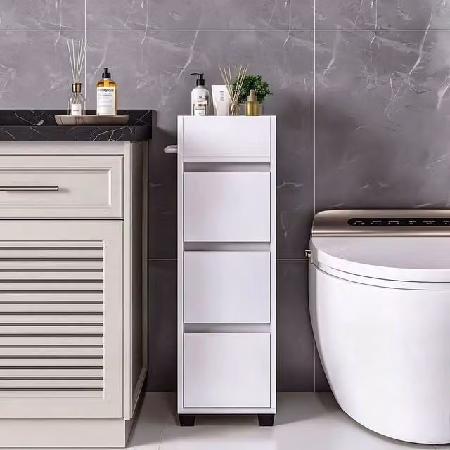 KORVIXA Narrow Freestanding Bathroom Cabinet in White with 3 Drawers and Internal Shelves, H 90.0 x W 30.0 x D 30.0 cm – 1
